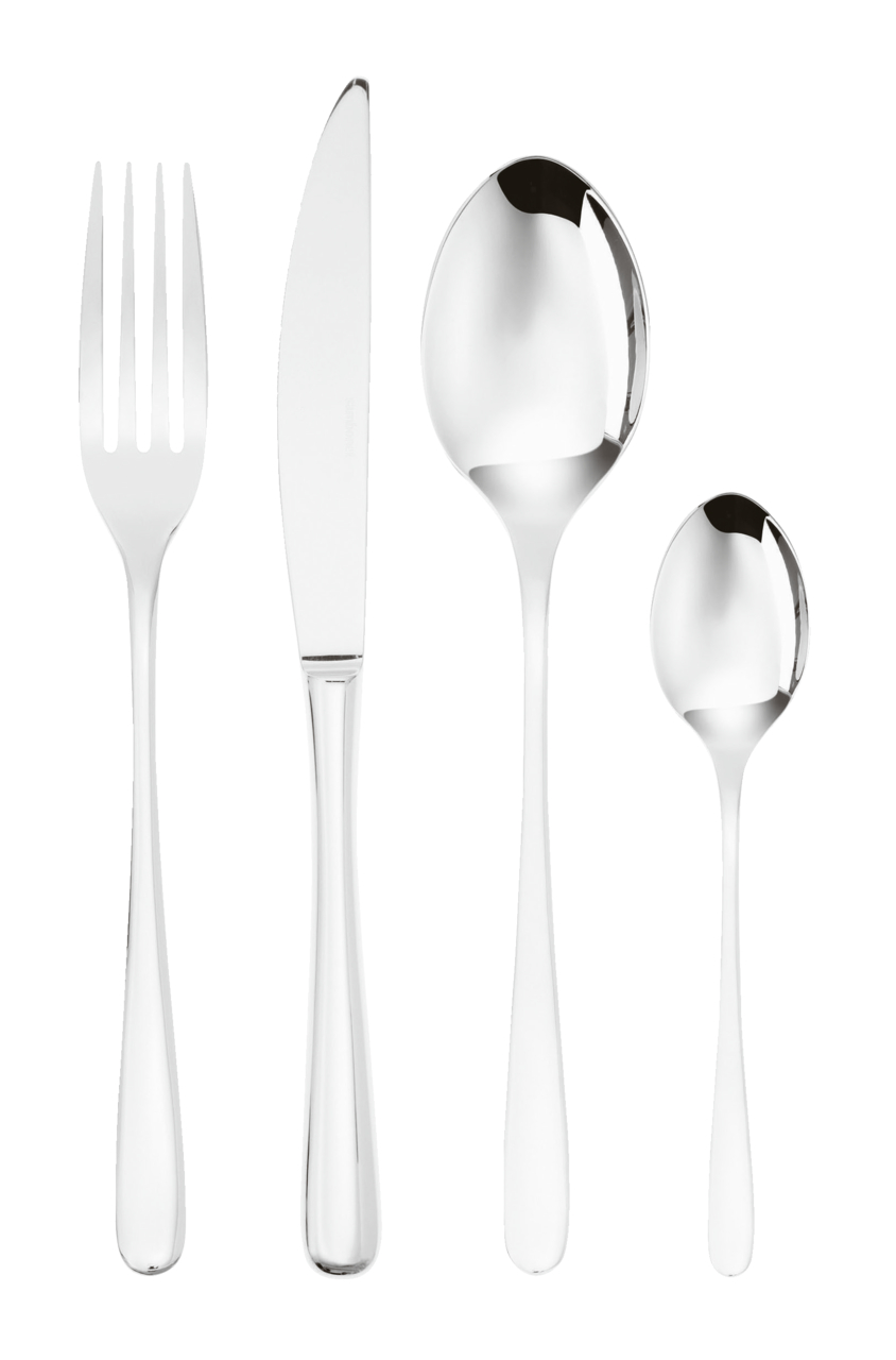 Das Bild zeigt Besteck aus Edelstahl, bestehend aus einer Gabel, einem Messer, einem Esslöffel und einem Teelöffel. Das Besteck hat ein schlichtes, glänzendes Design.