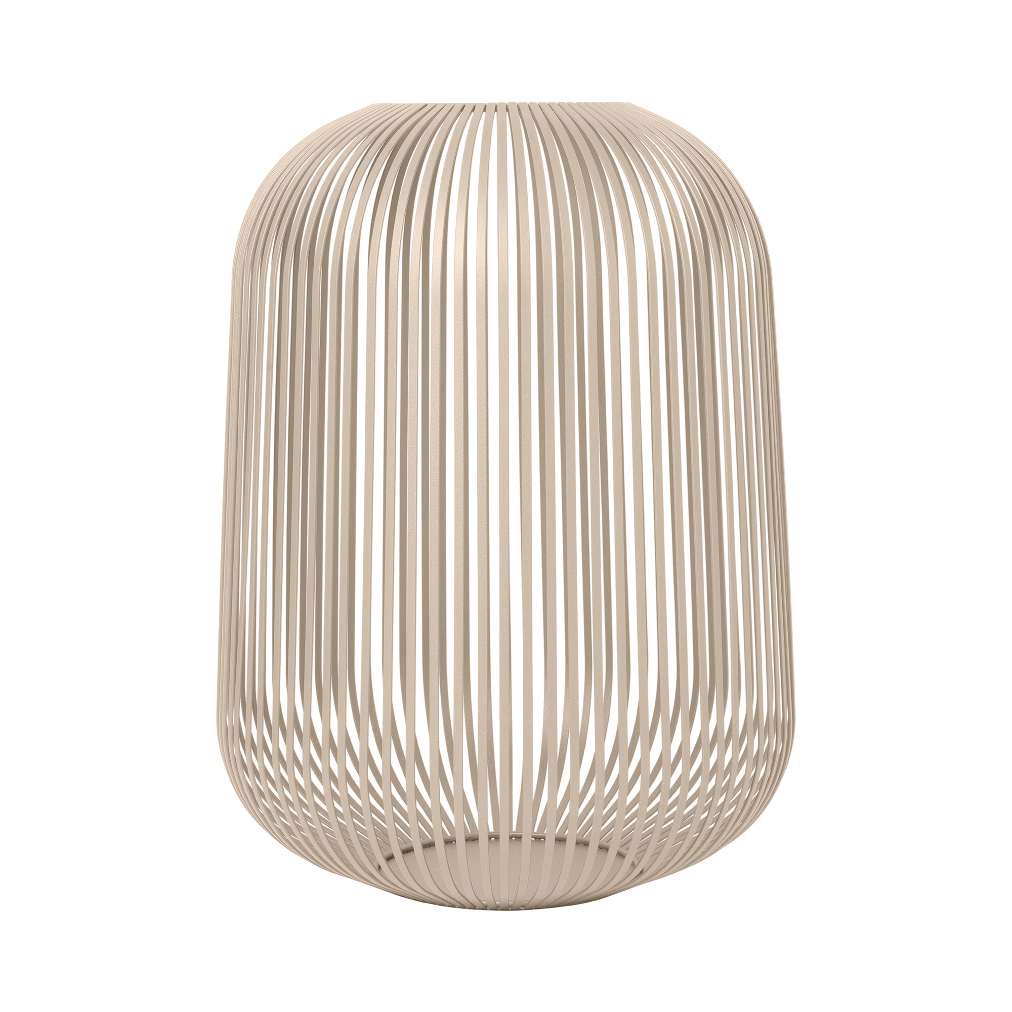 Das Bild zeigt eine dekorative Lampe mit einem modernen, drahtförmigen Design. Die Lampe ist beige und hat eine zylinderähnliche Form mit abgerundeten Kanten.