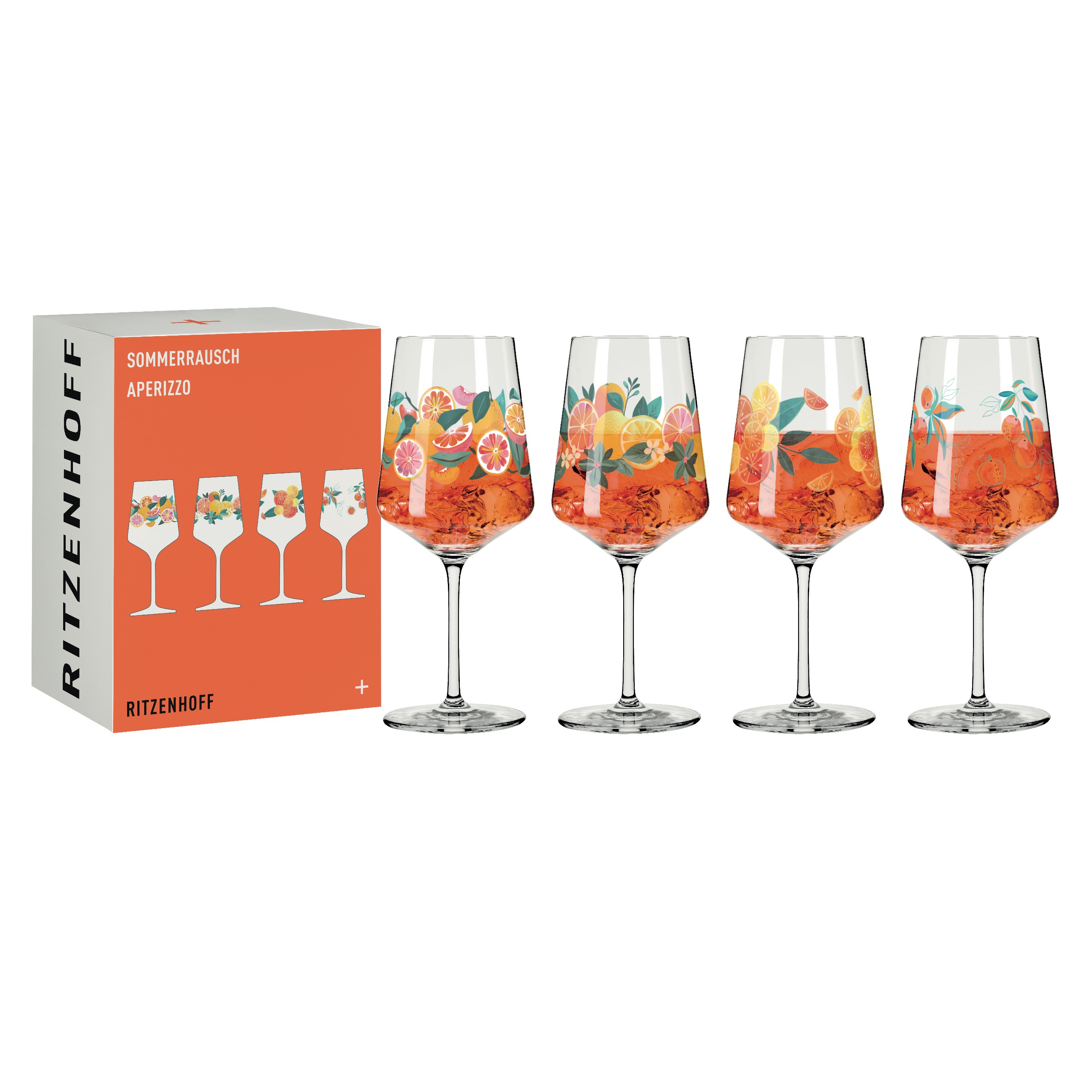 Auf diesem Bild sieht man das PROM Sommerrausch Aperizzo 4er-Set F25. Das Set besteht aus vier Aperizzo-Gläsern.