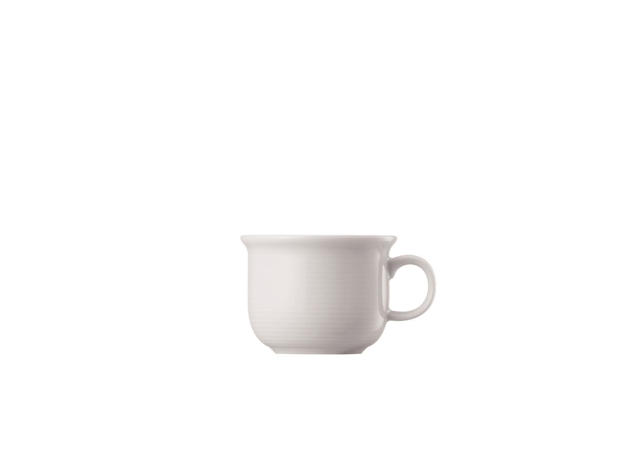 Auf dem Bild ist eine kleine, weiße Espressotasse zu sehen. Die Tasse hat ein schlichtes, modernes Design und ein Fassungsvermögen von 0,10 Litern.
