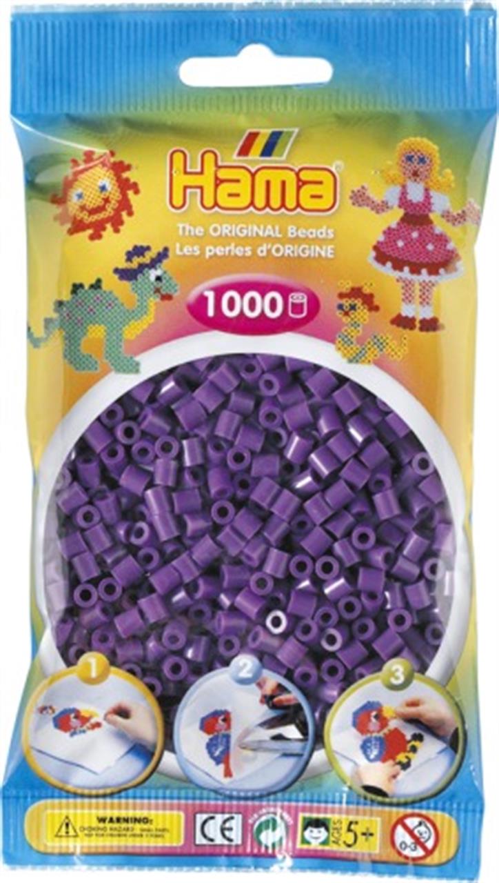Das Bild zeigt eine Packung Hama Perlen in der Farbe Lila mit 1000 Stück. Auf der Verpackung sind bunte Motive aus Perlen und einfache Anwendungsschritte abgebildet.