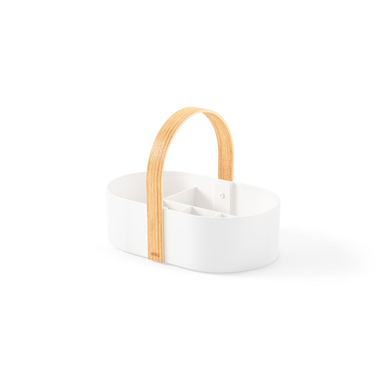 Das Bild zeigt einen weißen Aufbewahrungskorb mit einem natürlichen Holzgriff. Der Korb hat mehrere Fächer zur Organisation von Gegenständen.