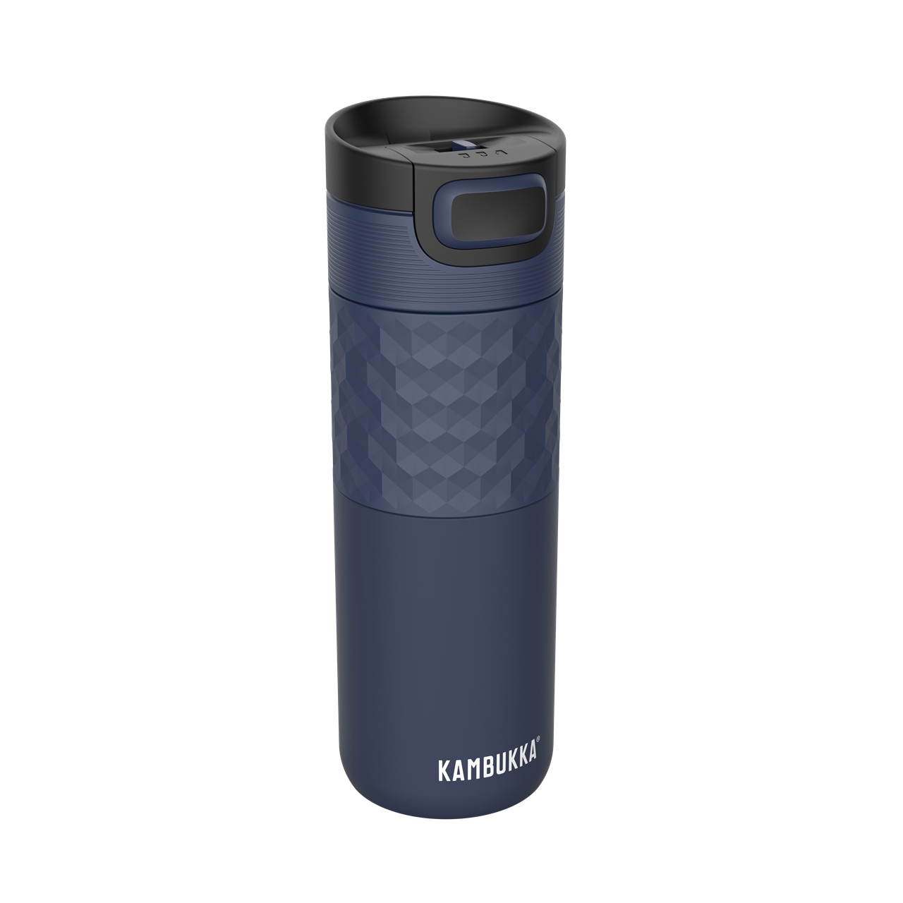 Die Abbildung zeigt eine Trinkflasche mit dem Namen "Etna grip 0,5l Denim Blue". Sie ist dunkelblau, hat eine strukturierte Oberfläche und einen schwarzen Deckel.