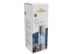 Die Abbildung zeigt eine Verpackung der Minimühle. Auf der Vorderseite ist das Produkt mit durchsichtigem Behälter und silbernem Deckel abgebildet.
