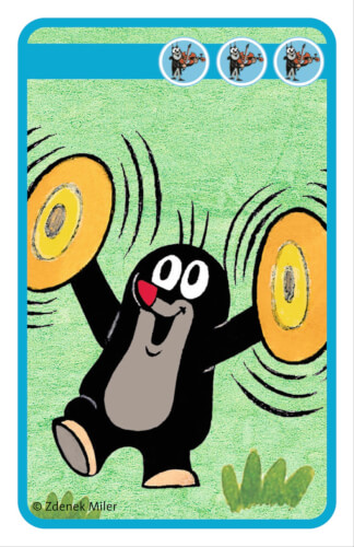 Auf dem Bild ist ein fröhlicher kleiner Maulwurf zu sehen, der zwei große Becken schlägt. Der Hintergrund ist grün und oben sind drei kleine runde Bilder mit Geigen.