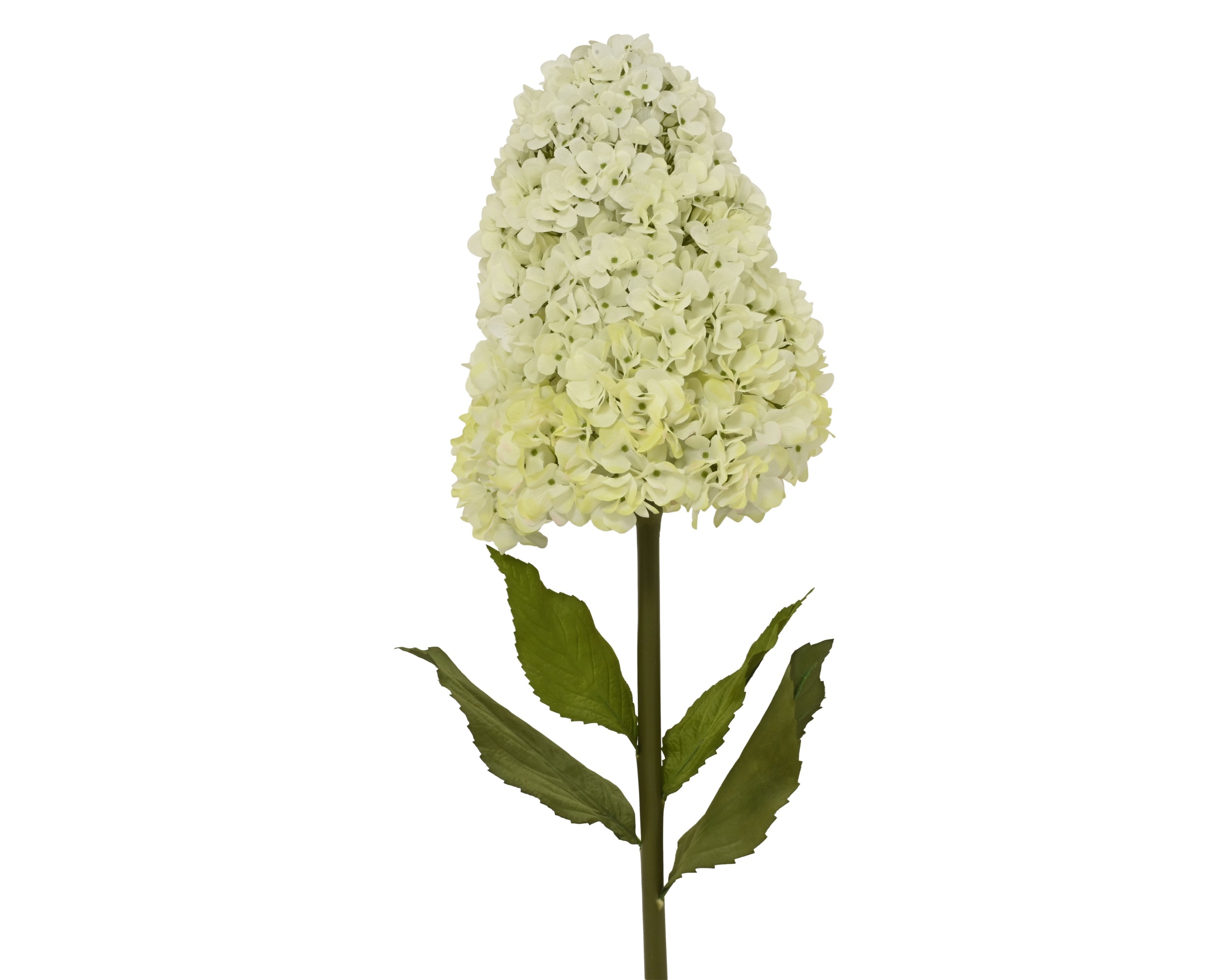 Eine cremefarbene Hortensie am Stiel aus Polyester ist zu sehen. Die künstliche Blume wirkt natürlich und dekorativ.