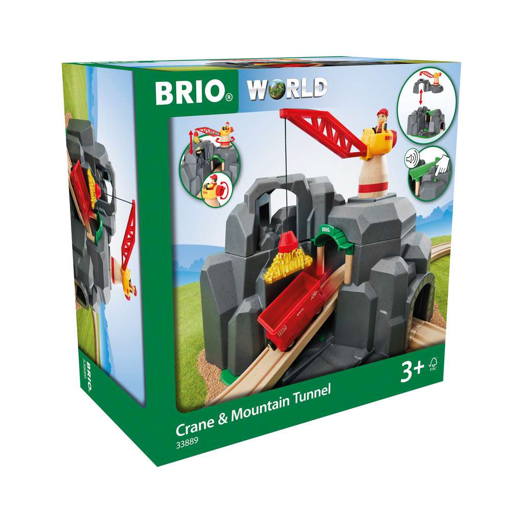 Die Verpackung zeigt das Spielset "BRIO® World: Grosse Goldmine mit Sound-Tunnel 33889". Es enthält einen Berg mit Tunnel, einen Kran und einen Wagon zum Spielen ab 3 Jahren.