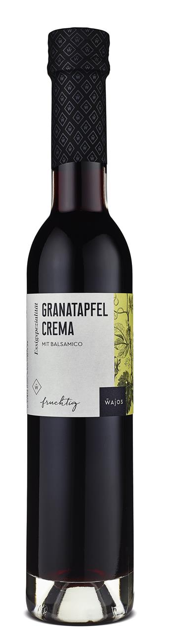 Die Abbildung zeigt eine Flasche Granatapfel Crema mit Balsamico von Wajos. Das Produkt ist eine Essigzubereitung mit 3% Säure und hat einen fruchtigen Geschmack.