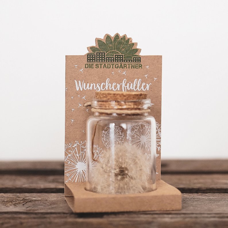 Das Bild zeigt ein Produkt namens "Wunscherfüller groß" von Die Stadtgärtner. In einem kleinen Glas mit Korkendeckel befindet sich eine Pusteblume.