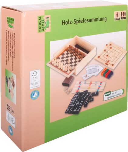 Auf dem Bild ist eine Spielesammlung mit verschiedenen Brettspielen und Spielmaterialien zu sehen. Die Verpackung trägt den Titel "Holz-Spielesammlung" und zeigt Schach, Mühle, Domino, Karten und weitere Spiele.