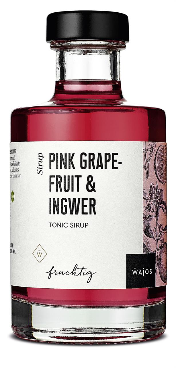 Auf dem Bild ist eine Flasche mit pinkfarbenem Sirup zu sehen. Das Etikett zeigt den Namen "Pink Grapefruit & Ingwer Tonic Sirup 200ml" der Marke Wajos.