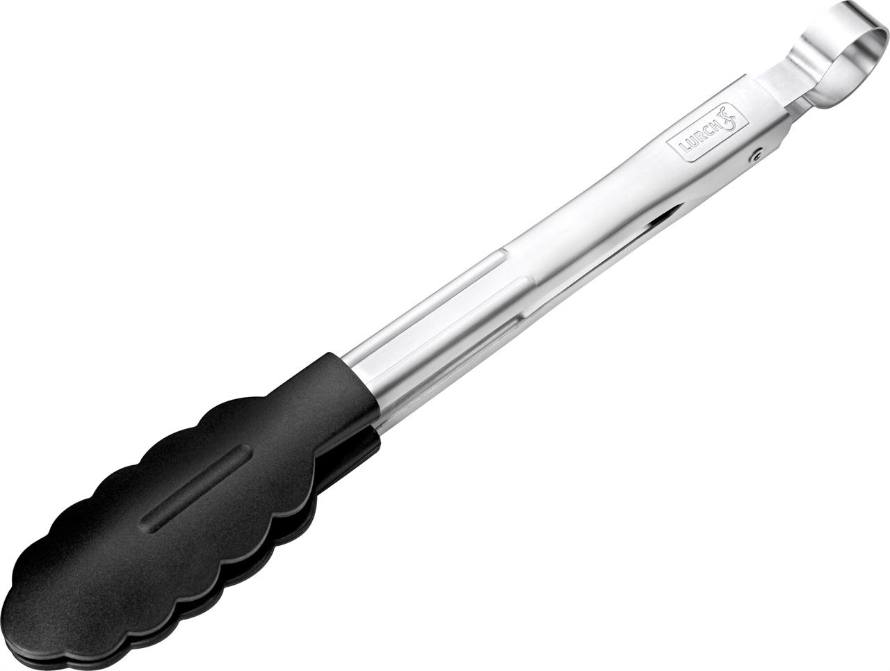 Das Bild zeigt eine Zange mit einem Griff aus Edelstahl und schwarzen, antihaftbeschichteten Greifflächen. Es handelt sich um die "Zange All-in-One antihaft 240mm".