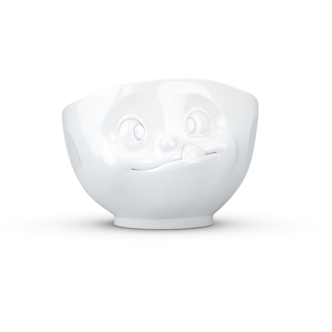 Dies ist eine weiße Schale mit einem Volumen von 500 ml. Auf der Schale ist ein lustiges, lächelndes Gesicht geprägt.