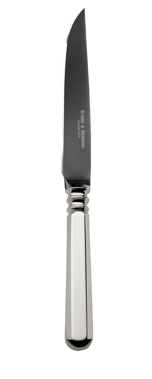 Das Bild zeigt das Alt-Spaten 150 Steakmesser Frozen Black. Das Messer hat eine glänzende, silberfarbene Klinge und einen eleganten, glatten Griff.