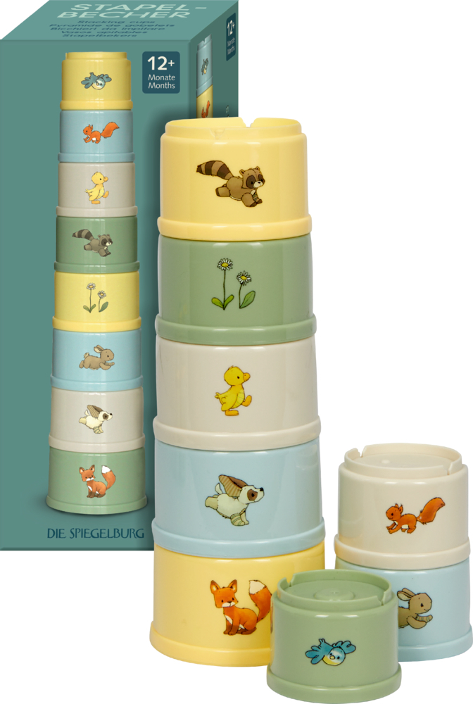 Das Bild stellt das Produkt 'Liebling Tourlonias - Stapelbecher' dar. Es handelt sich um bunte Becher zum Stapeln für Kinder.