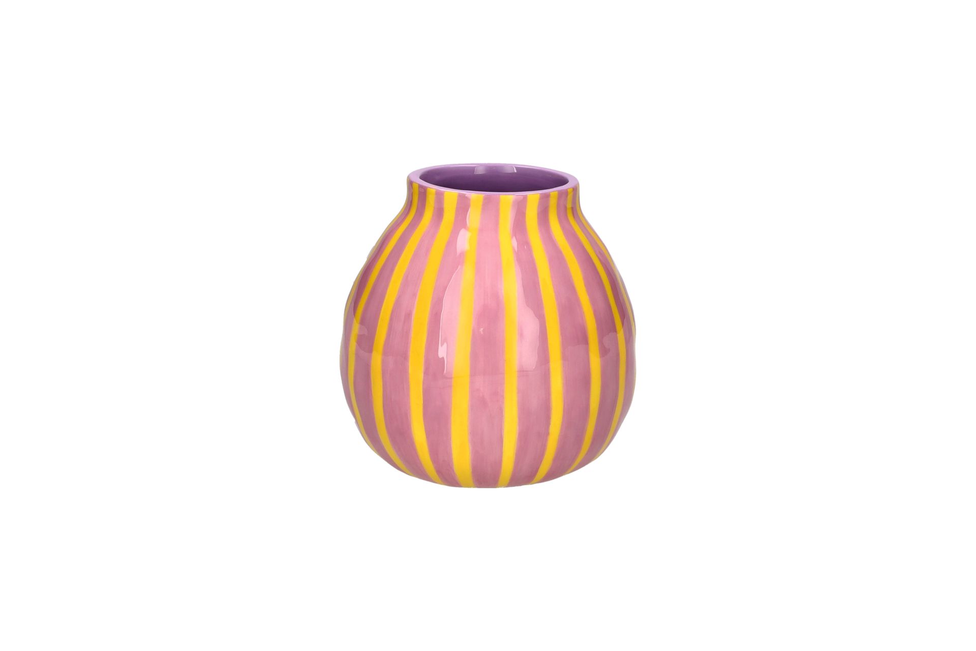 Das Bild zeigt die Artisan Vase gestreift in Größe S. Sie besitzt Streifen in Rosa und Gelb.