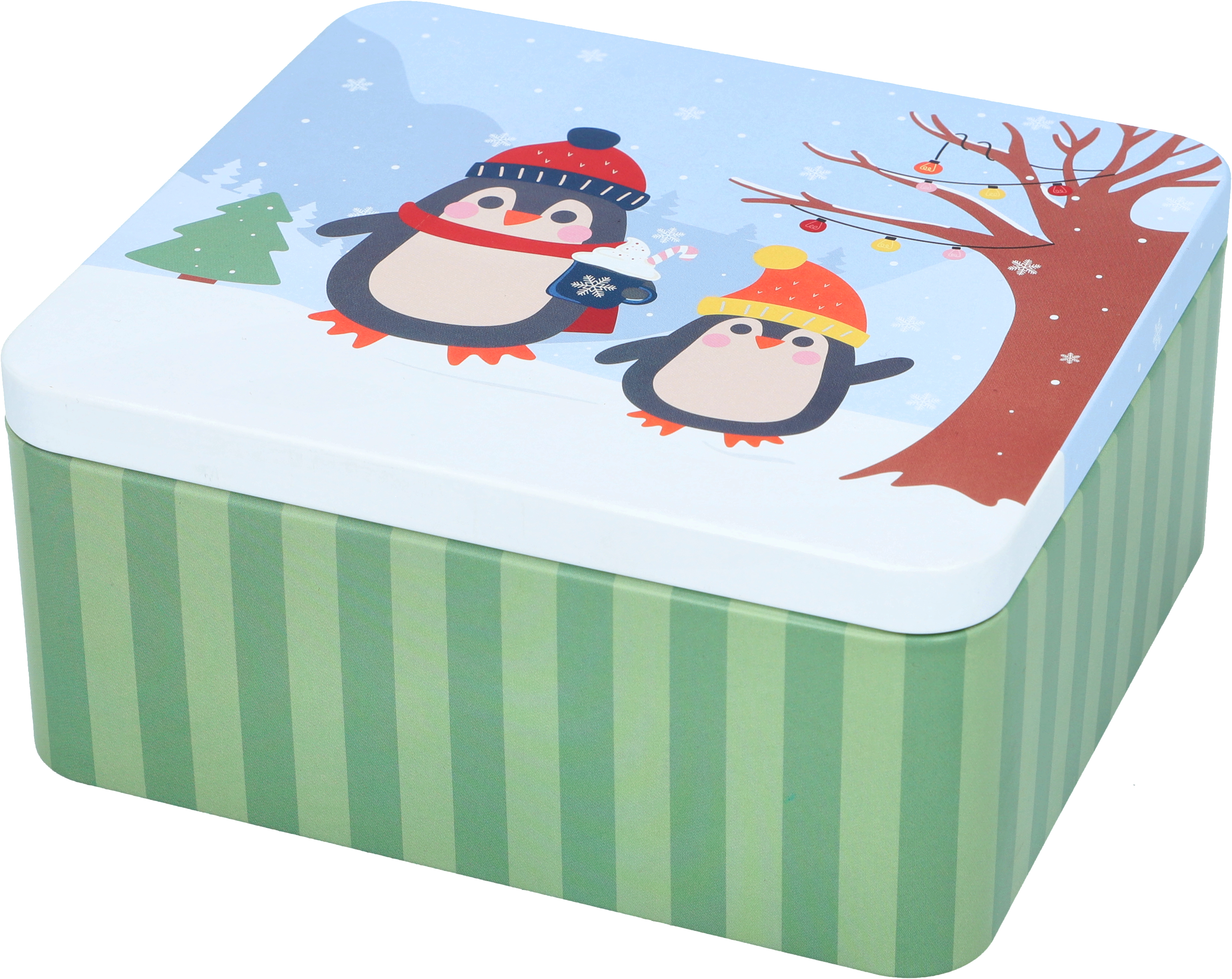Das Produkt Gebäckdose, Winter Market, eckig, Größe L ist abgebildet. Es besticht durch sein Markt- und Winterdesign.