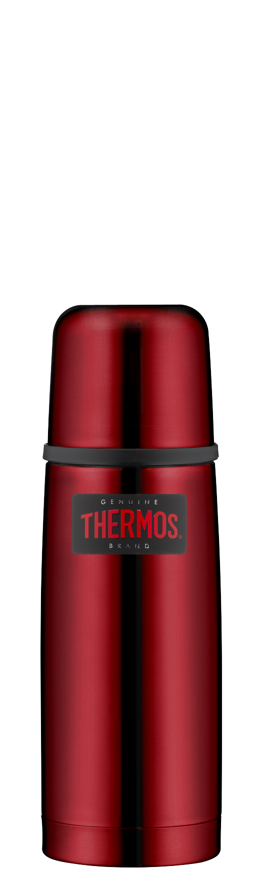 Auf dem Bild ist eine rote Thermosflasche zu sehen. Auf der Flasche steht das Logo „THERMOS“.