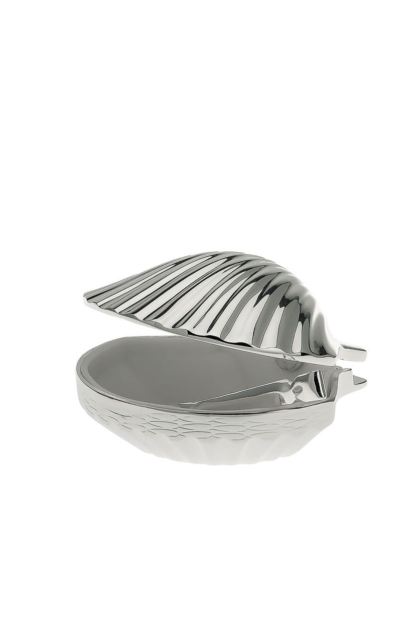 Süßstoffdose Muschel aus Metall. Die Dose hat ein Muscheldesign.