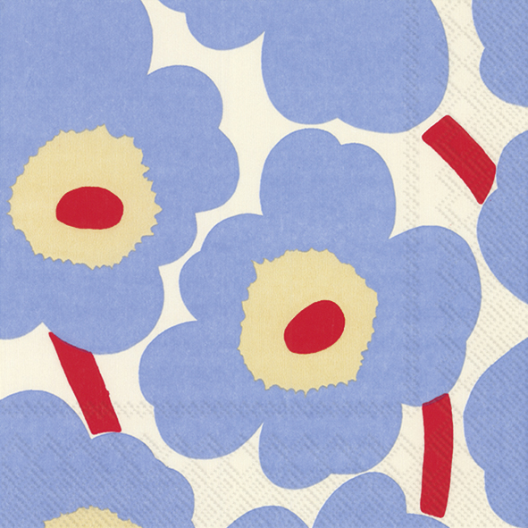 Hier sind UNIKKO cream blue Lunch-Servietten abgebildet. Die Servietten zeigen ein Muster in Creme- und Blautönen.