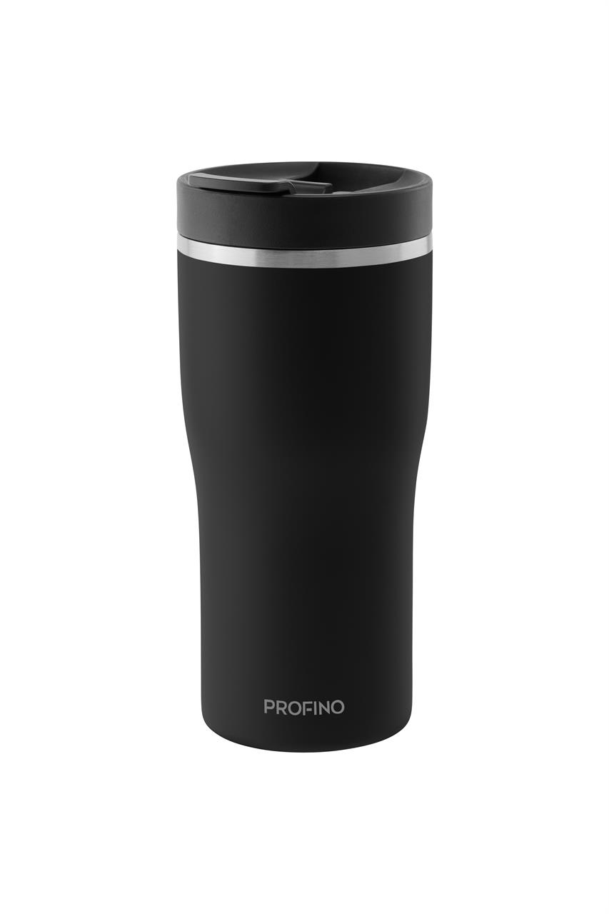 Auf dem Bild ist ein schwarzer Kaffeebecher mit einem Fassungsvermögen von 350 ml zu sehen. Der Becher hat einen Deckel und trägt die Aufschrift "PROFINO".