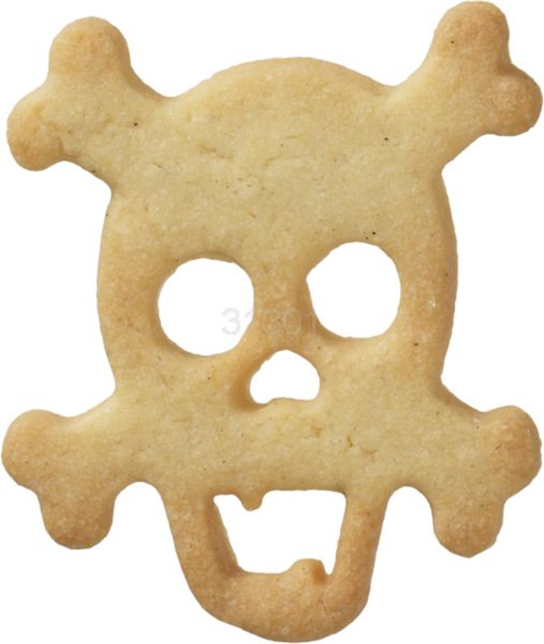 Das Bild zeigt einen Keks in Form eines Totenkopfes. Der Keks wurde mit einer 7 cm großen Ausstechform gemacht.