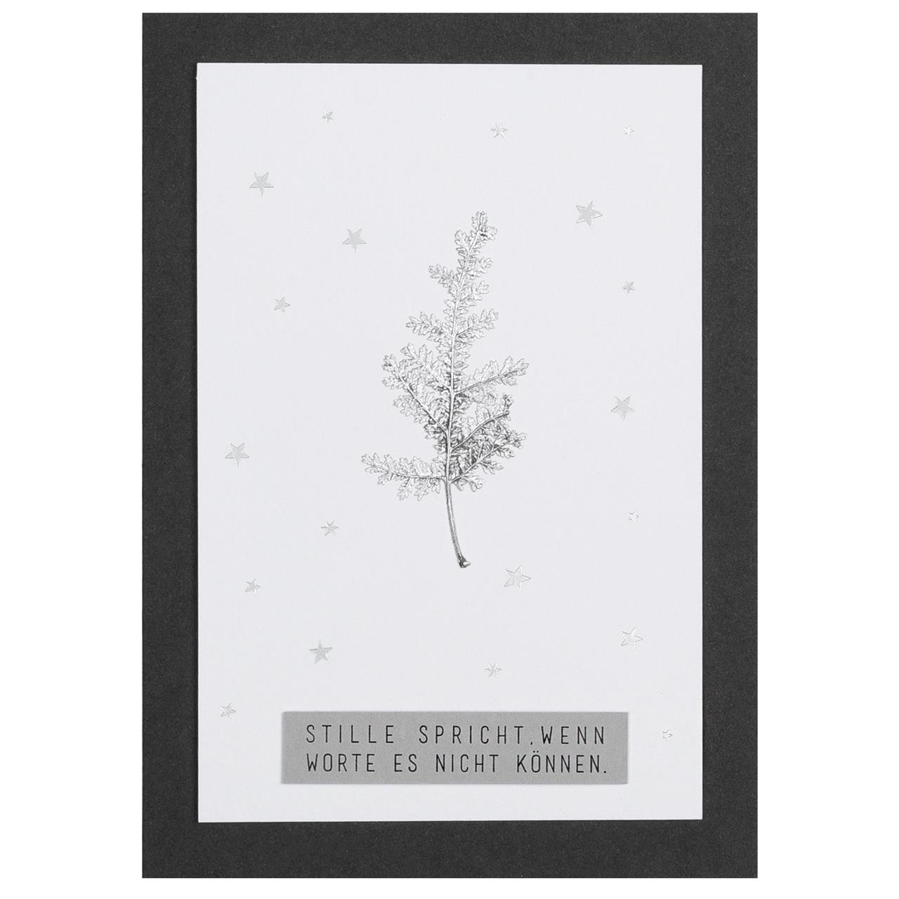 Die Karte zeigt einen silbernen Zweig auf weißem Hintergrund mit kleinen Sternen. Unten steht der Text: "Stille spricht, wenn Worte es nicht können."