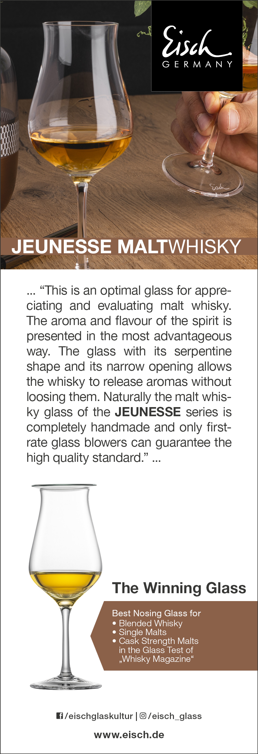 Auf dem Bild ist ein elegantes Whiskyglas mit einer bernsteinfarbenen Flüssigkeit zu sehen. Es wird als das ideale Glas für das Verkosten und Genießen von Malt Whisky beschrieben.