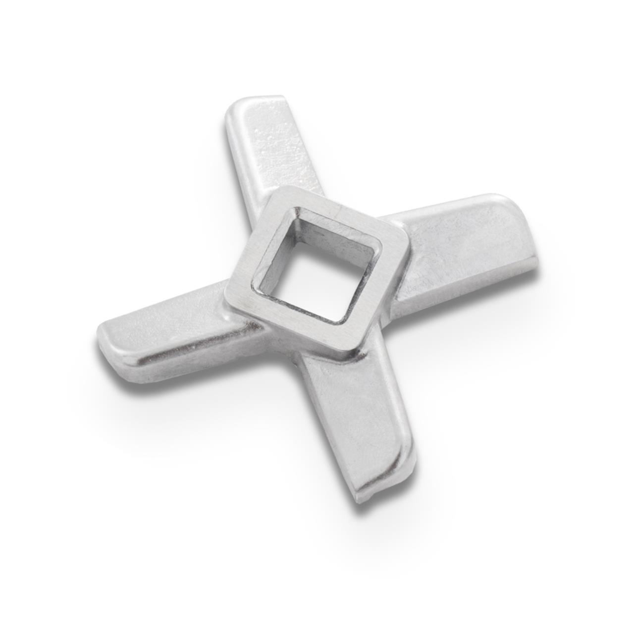 Das Bild zeigt ein Ersatzmesser für den Fleischwolf Basic. Es besteht aus Metall und hat vier Klingen.