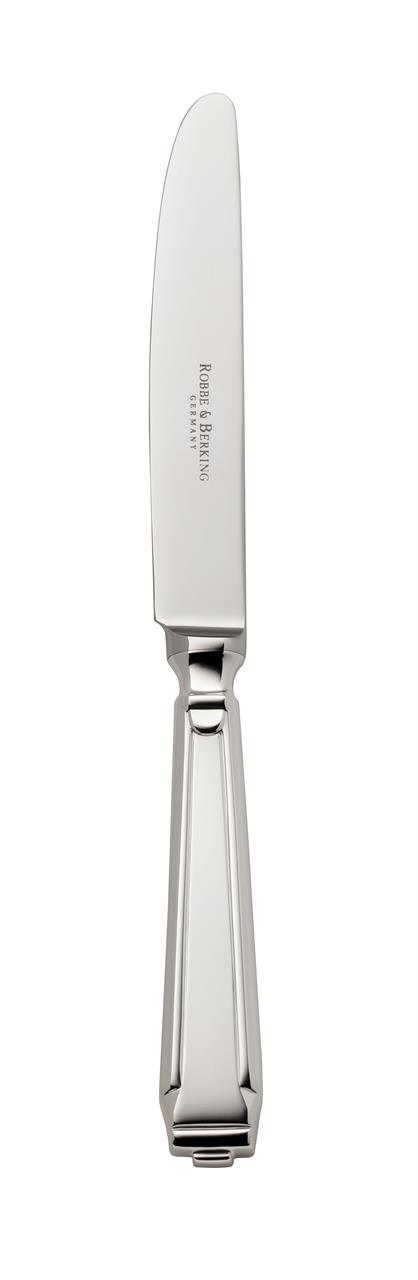 Das Bild zeigt ein elegantes Menümesser mit einem stilvollen, geometrischen Griff im Art Deco Design. Auf der Klinge steht der Schriftzug "Robbe & Berking Germany".