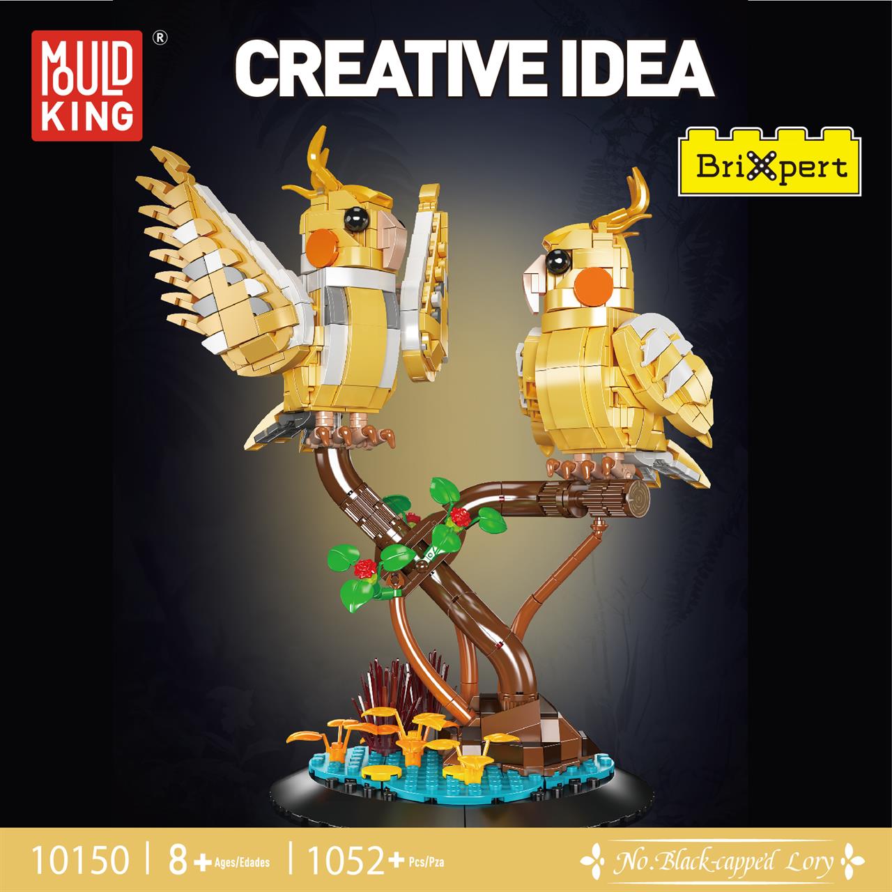 Das Bild zeigt ein Bauset von Mould King mit zwei gelben Papageien auf einem Ast. Das Set enthält 1052 Teile und ist für Kinder ab 8 Jahren geeignet.