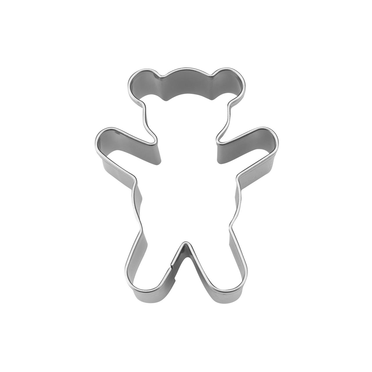 Das Bild zeigt einen Ausstecher in Form eines Teddybären. Der Ausstecher ist aus Metall und hat eine Größe von 4,5 cm.