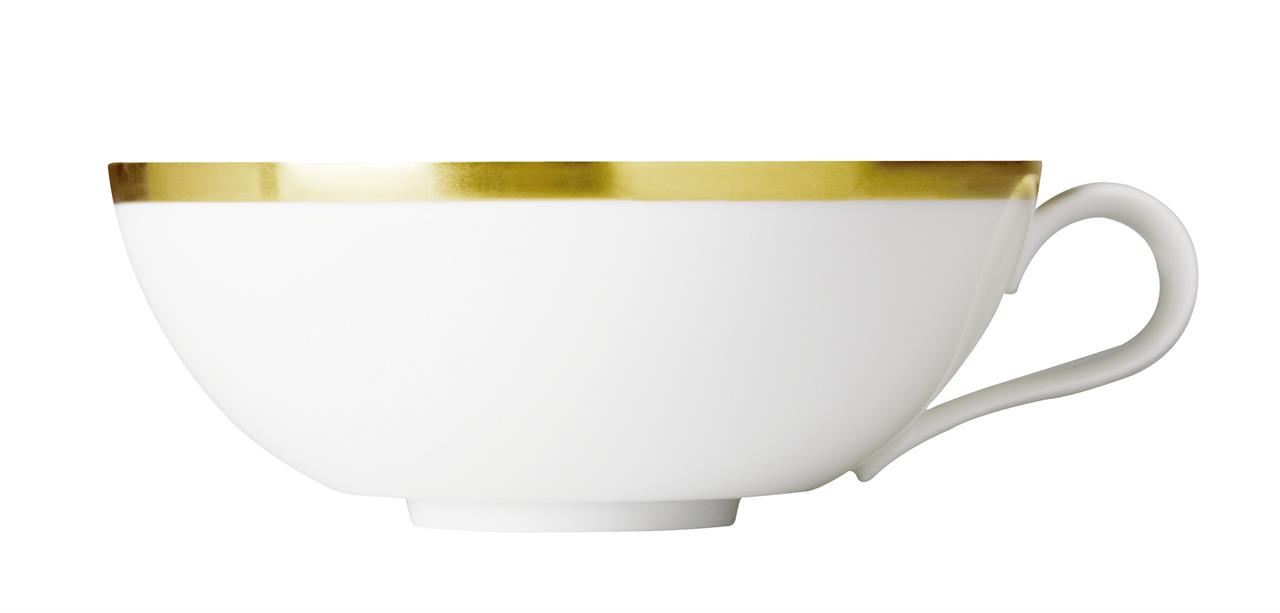 Die Abbildung zeigt eine elegante weiße Teetasse mit einem goldenen Rand. Die Tasse hat ein Fassungsvermögen von 0,20 Litern und ein schlichtes, edles Design.