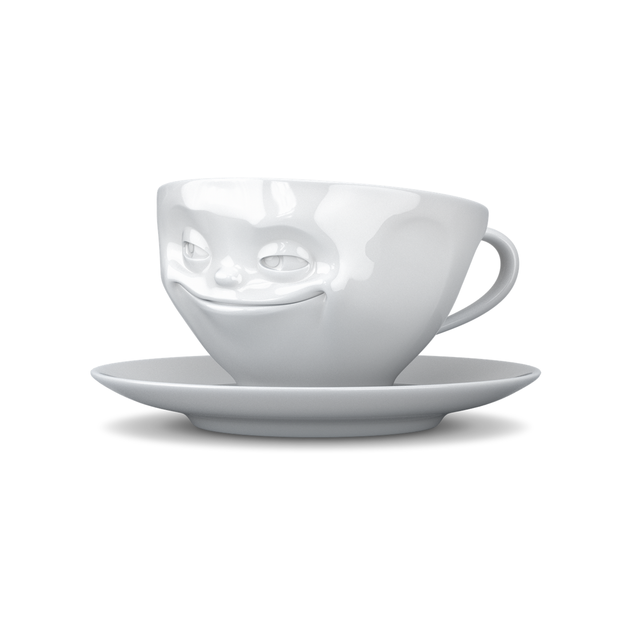 Die Abbildung zeigt eine weiße Kaffeetasse mit einem grinsenden Gesicht und passender Untertasse. Die Tasse hat ein Fassungsvermögen von 200 ml.
