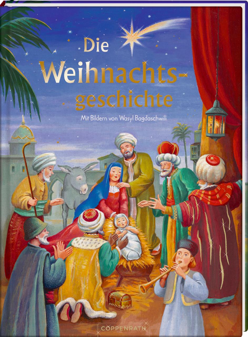 Auf dem Bild ist das Buch "Die Weihnachtsgeschichte (Geschenkausgabe)" zu sehen. Das Cover zeigt eine bunte Illustration der Geburt Jesu mit Maria, Josef, dem Jesuskind und weiteren Figuren.