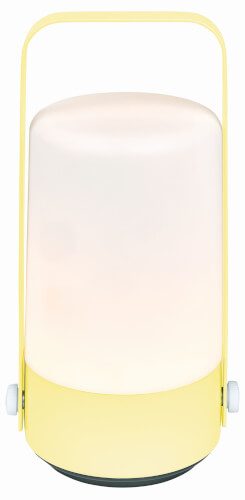 Das Bild zeigt eine kleine, moderne Lampe mit einem gelben Griff. Die Lampe hat ein rundes, weißes Leuchtgehäuse und einen gelben Sockel.