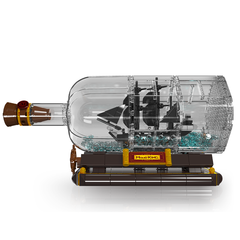 Das Produkt Mould King® 10070 Black Pearl in a Bottle ist auf diesem Bild dargestellt. Es zeigt ein Schiffsmodell in einer Flasche.