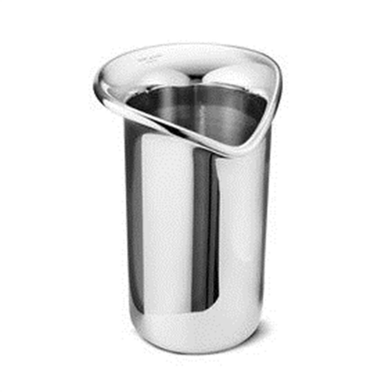 Auf dem Bild ist ein Wein- und Sektkühler aus Edelstahl zu sehen. Er hat eine glänzende, moderne Oberfläche und eine elegante Form.
