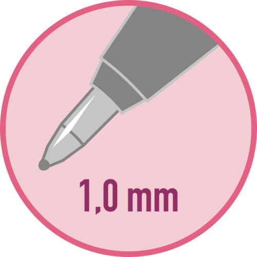 Das Bild zeigt die Spitze eines Stifts im Kreis. Darunter steht „1,0 mm“.