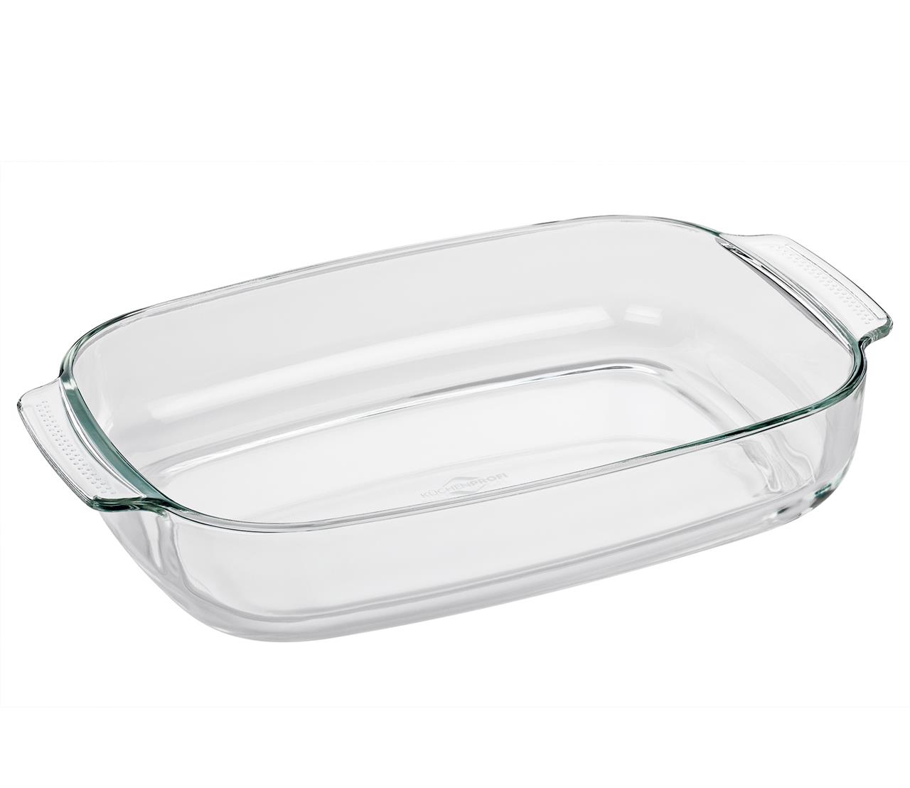 Die Abbildung zeigt eine rechteckige Auflaufform aus Glas mit einer Länge von 38 cm. Sie hat zwei praktische Griffe an den Seiten zum einfachen Anheben.