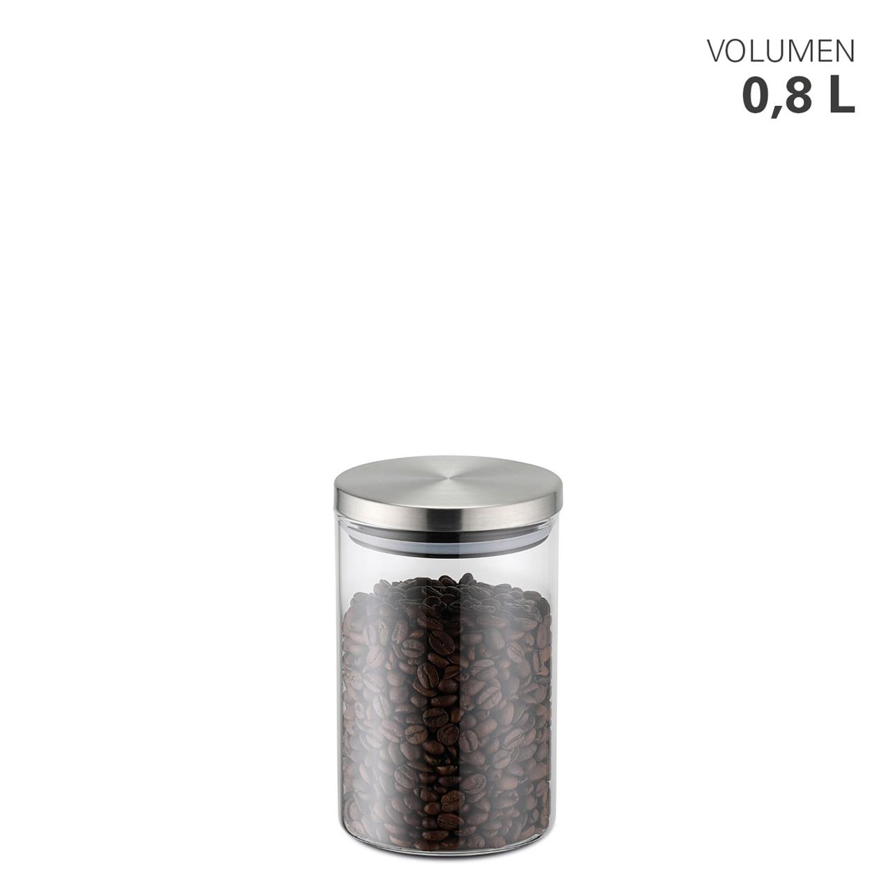 Das Bild zeigt eine Vorratsdose aus Borosilikatglas mit einem Fassungsvermögen von 800 ml. Die Dose hat einen silbernen Deckel und ist mit Kaffeebohnen gefüllt.