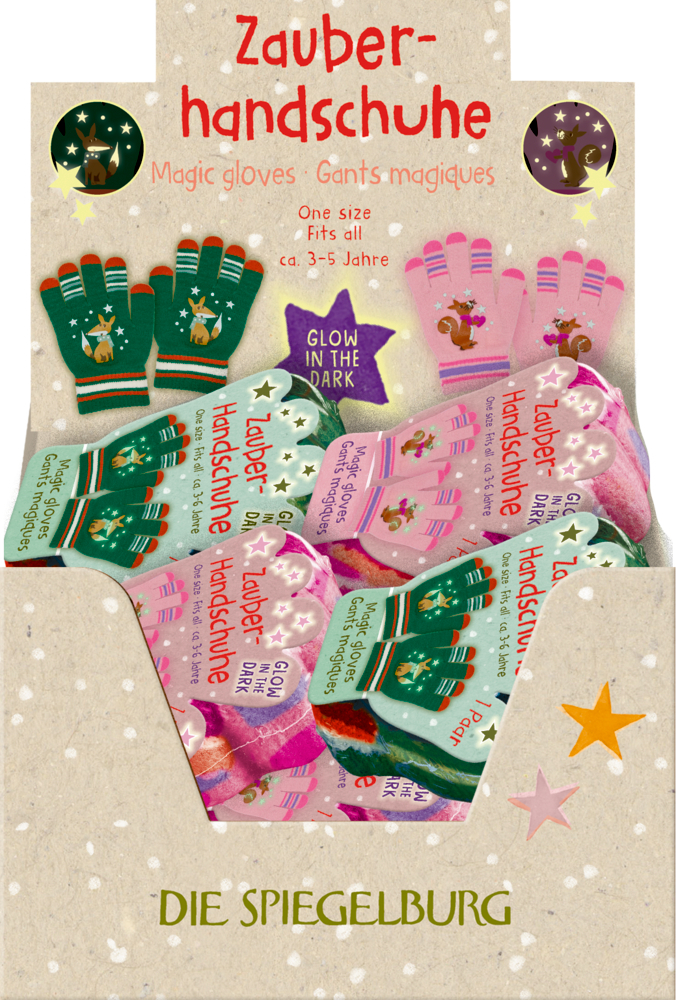Zu sehen sind die 'Winterzauber Im Weihnachtswald - Zauberhandschuhe'. Das Produkt hat ein winterliches und dekoratives Design.