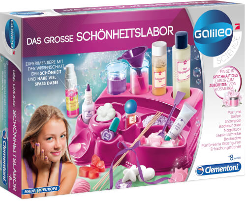 Auf dem Bild ist ein Experimentierkasten mit dem Titel "Das große Schönheitslabor" von Galileo zu sehen. Die Verpackung zeigt verschiedene Kosmetikartikel und eine lächelnde junge Person.
