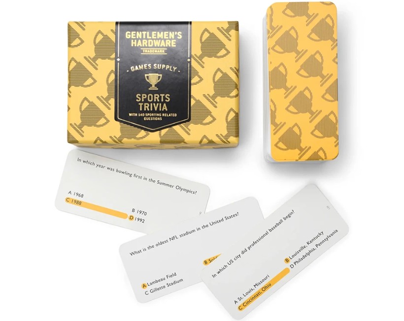 Das Bild zeigt das Produkt Sports Trivia. Es handelt sich um ein Spiel mit Fragen zum Thema Sport.