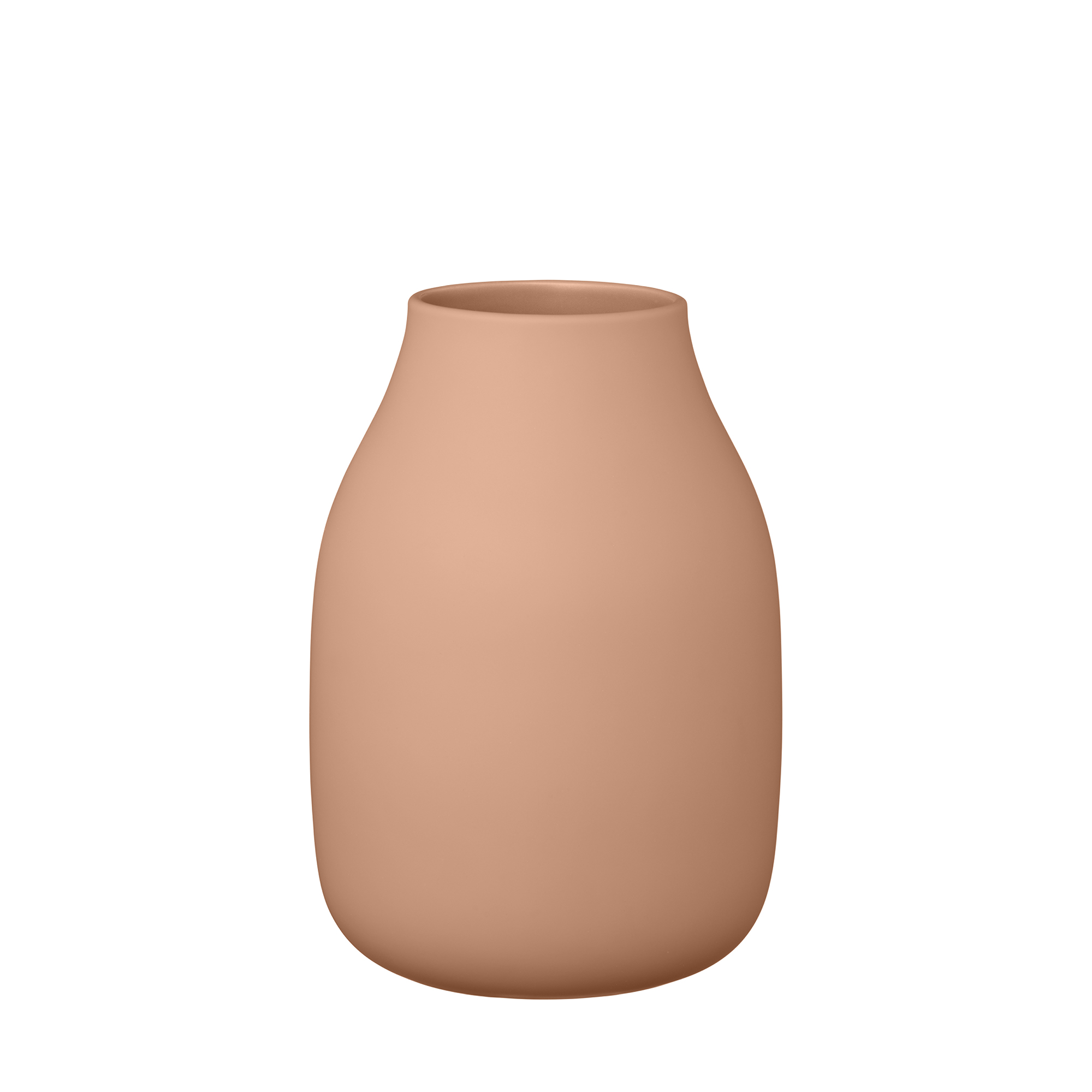 Dies ist eine schlichte, braune Vase. Sie hat eine bauchige Form und eine schmale Öffnung.