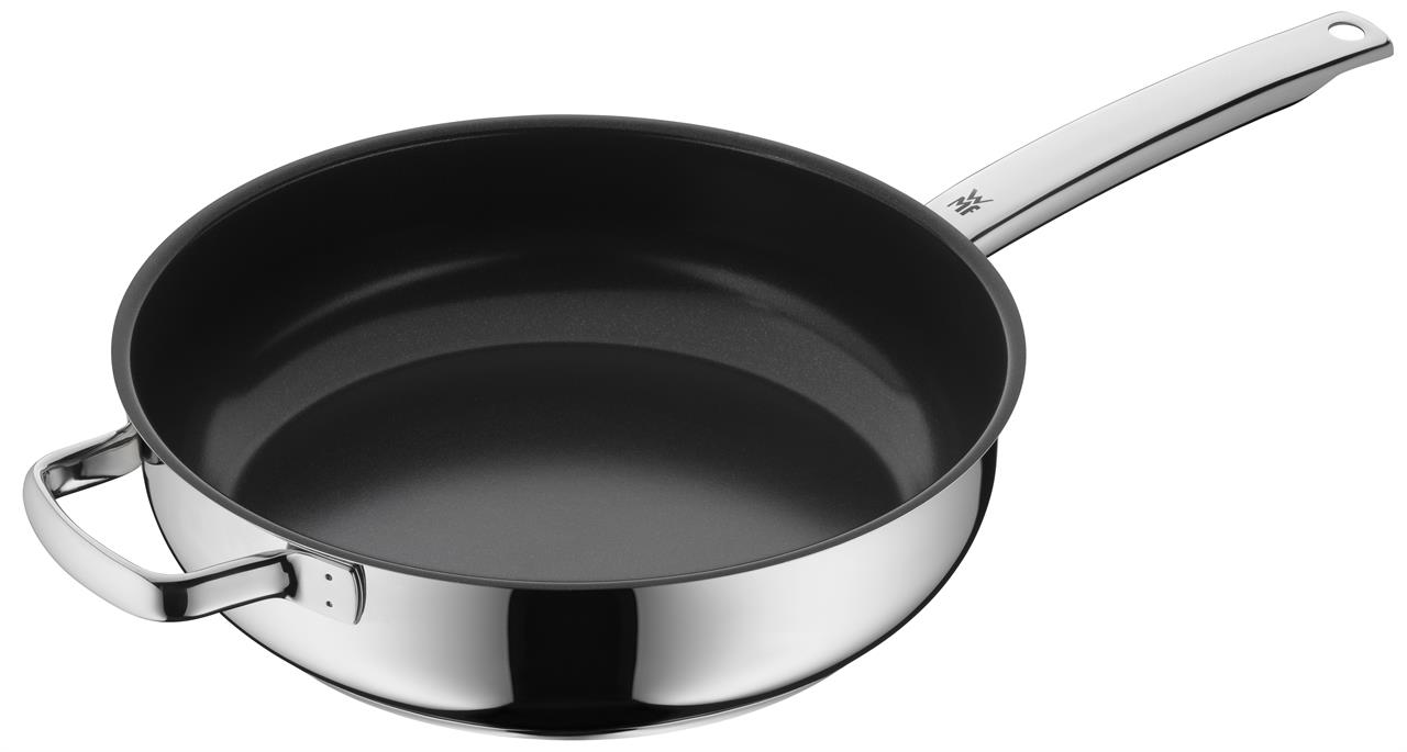 Die Abbildung zeigt eine Schmorpfanne mit einem Durchmesser von 28 cm. Die Pfanne hat einen langen Griff sowie einen zusätzlichen Seitengriff und besteht aus glänzendem Metall.