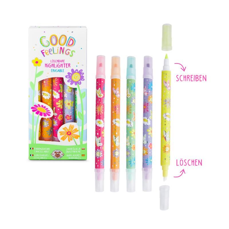Das Bild zeigt ein Set von fünf löschbaren Textmarkern namens "Highlighter löschbar 5er Set" mit bunten, floralen Designs. Auf der rechten Seite wird gezeigt, dass man mit einer Seite schreiben und mit der anderen Seite löschen kann.