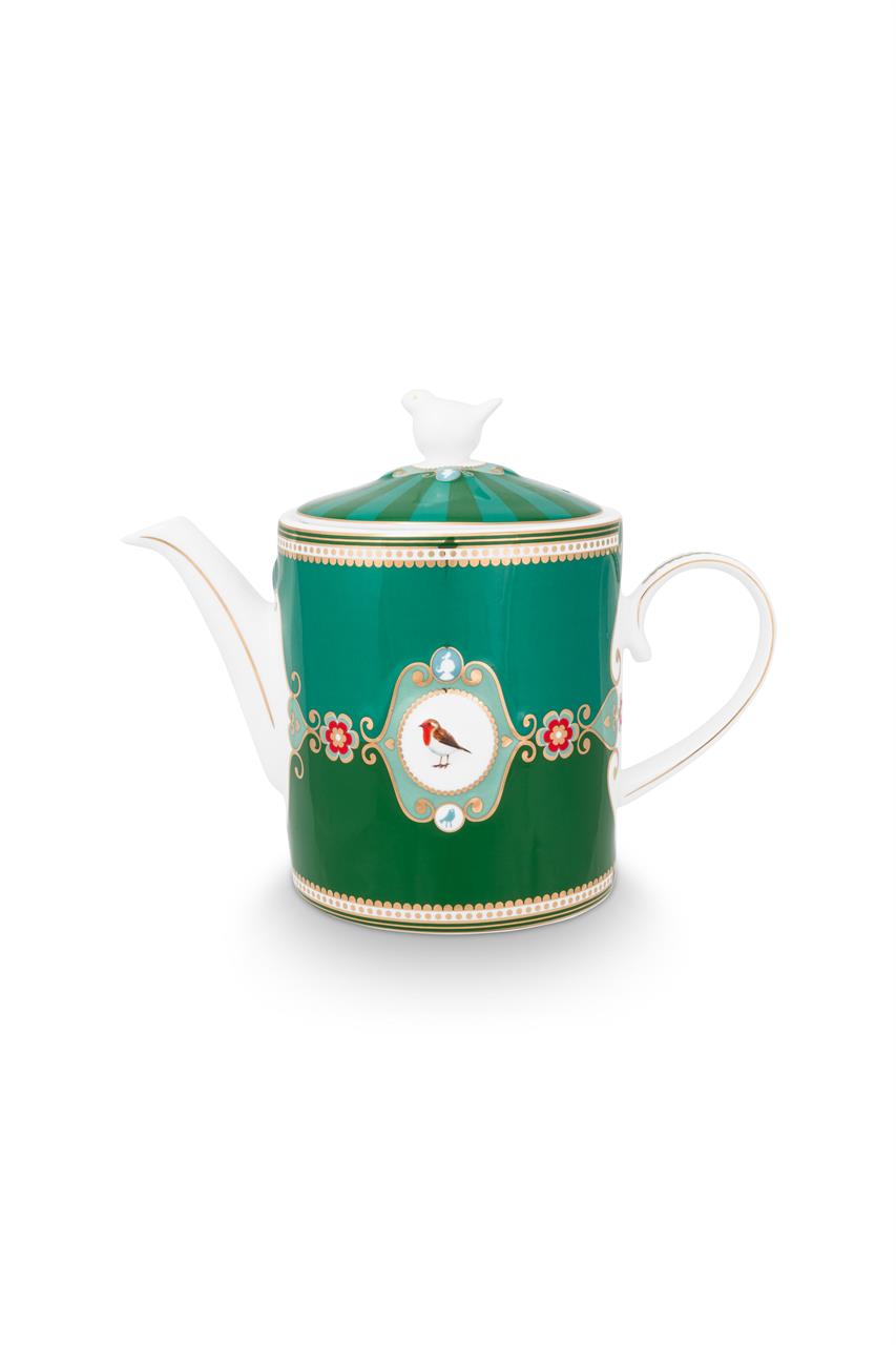 Die Abbildung zeigt eine elegante Teekanne in Smaragdgrün mit einem Vogelmotiv und blumigen Verzierungen. Der Deckel ist mit einer kleinen, weißen Vogel-Figur verziert und das Fassungsvermögen beträgt 1,3 Liter.