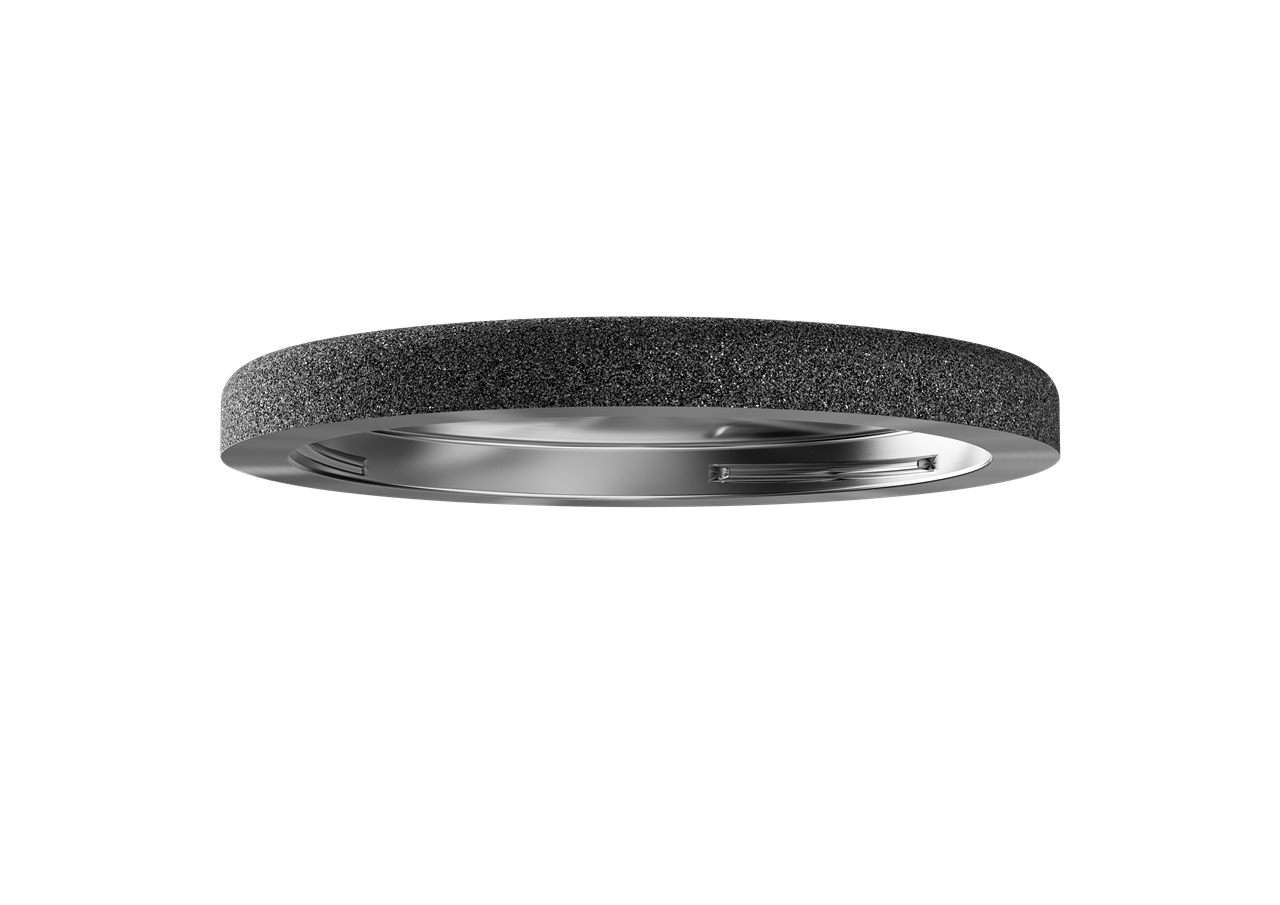 Die Abbildung zeigt die Diamantscheibe grob Horl 3. Sie ist rund, silberfarben und besitzt eine grobe, schwarze Schleiffläche.