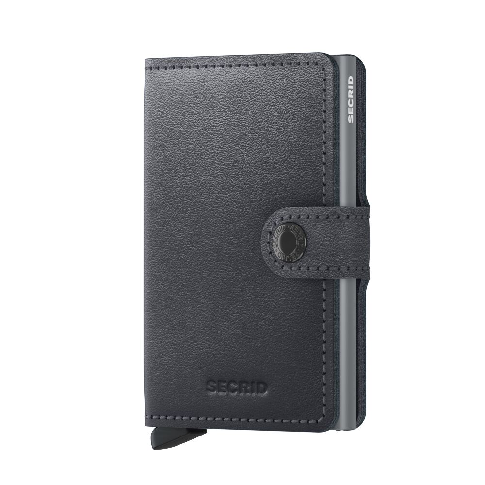 Das Bild zeigt eine graue Miniwallet aus Leder mit einem Druckknopfverschluss. Am Rand ist das Wort "SECRID" zu sehen.